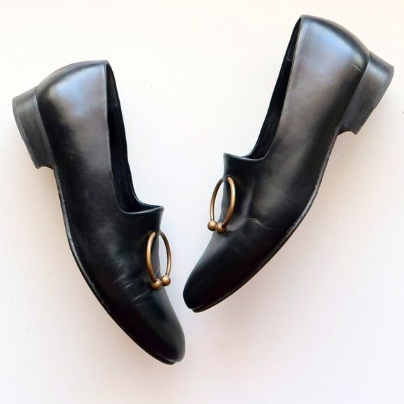 Freda Salvador Black Leather Low Heel Loafers Slip-on Shoes with Ring Detail - Picture 4 of 16